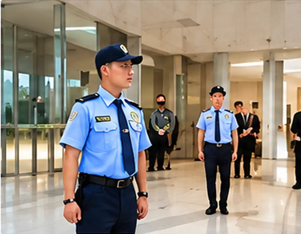 Nhân viên bảo vệ trực sảnh, hướng dẫn khách đăng ký trước khi lên tầng làm việc