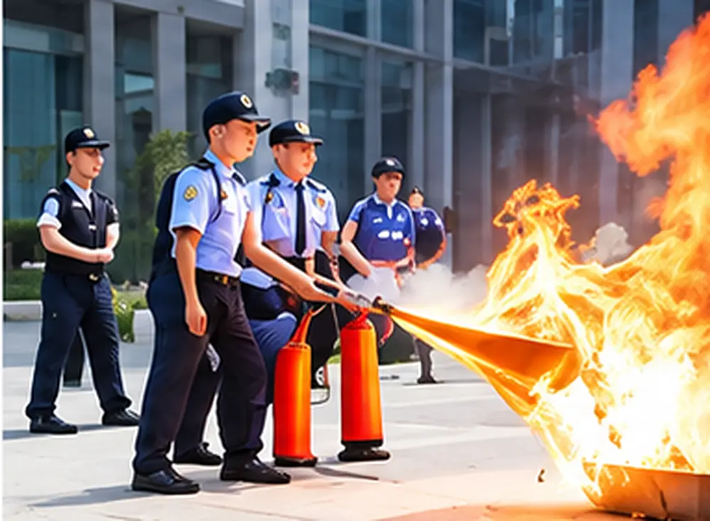 Nhân viên bảo vệ thực hành dập lửa bằng bình bột trong buổi huấn luyện định kỳ